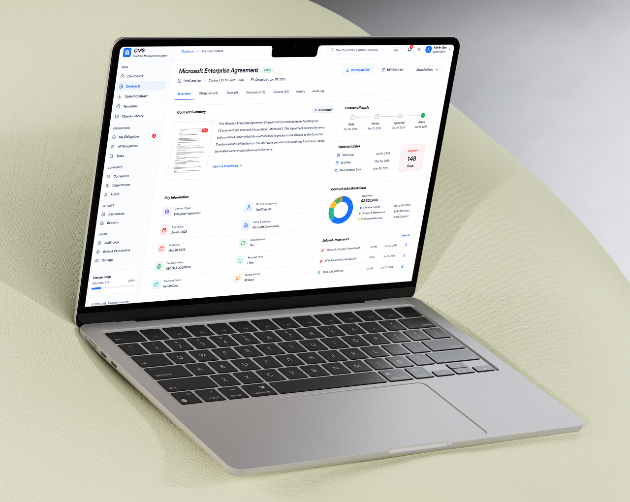 CMS contract details view with AI-extracted summary, lifecycle timeline, and key contract information