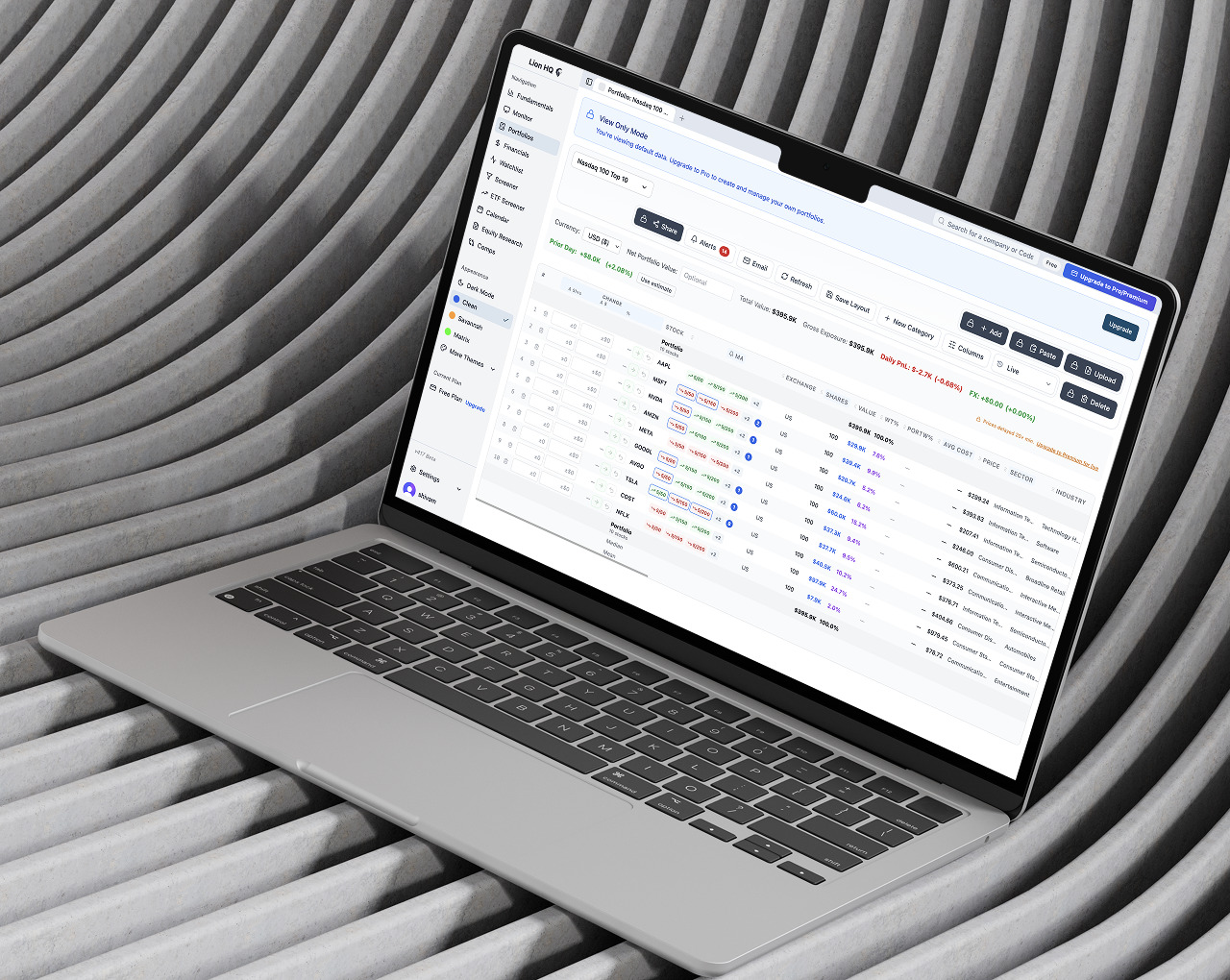 Lion HQ portfolio management view with holdings, PnL, and sector allocation